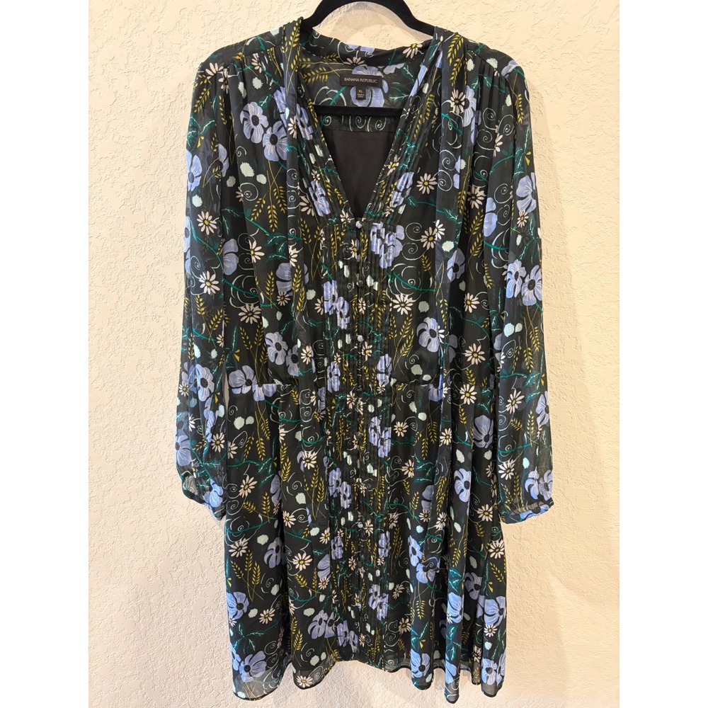 Banana Republic Floral Pintuck Mini Dress Black Blue XL Long Sleeve Chiffon